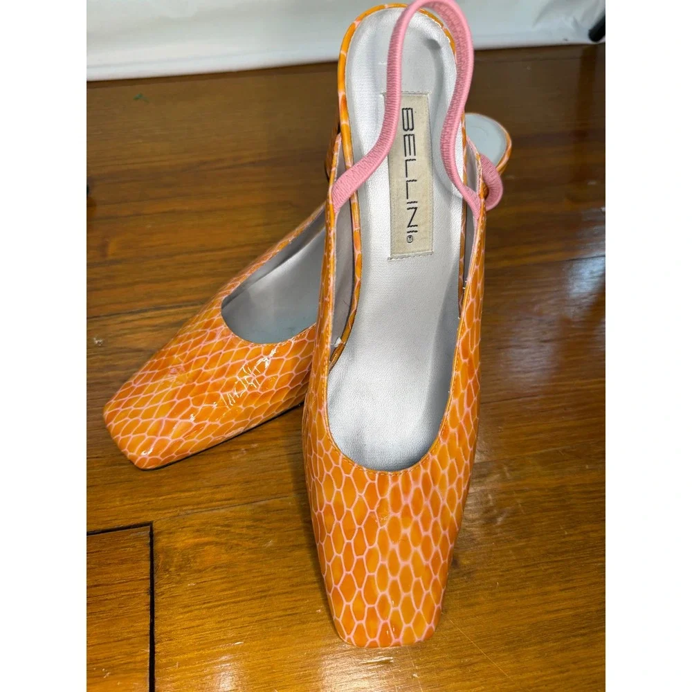 Bellini Monzo Orange Snakeskin Slingback Square Toe Block Heels Womens 10M